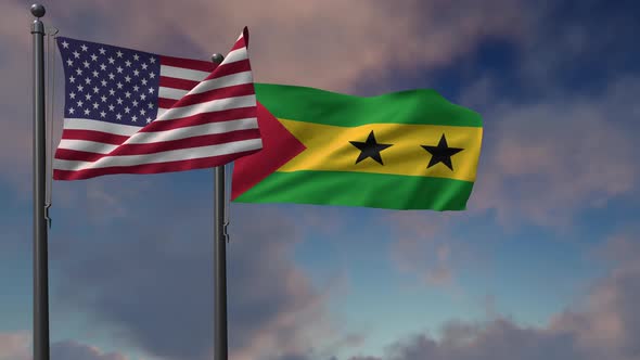 São Tomé And Príncipe Flag Waving Along With The National Flag Of The USA - 2K