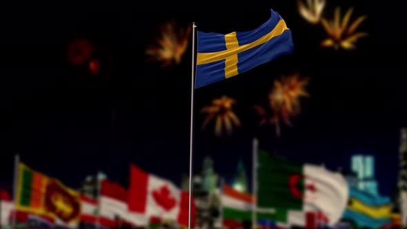sweden Flag With World Globe Flags And Fireworks  alt