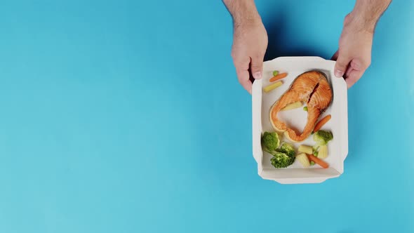 Food Delivery Top View Take Away Meals in Disposable Containers on Blue Background