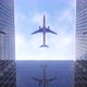 Airplane Flies In Sunny Weather Over Skyscrapers - VideoHive Item for Sale