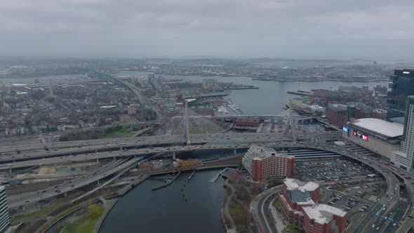 Aerial Ascending Footage of Busy Highways in City