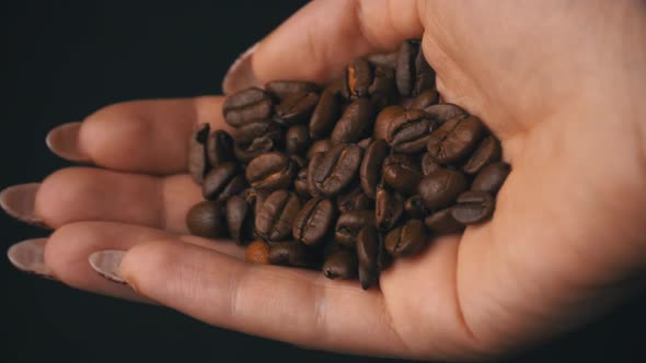 Coffee Beans are Hung Out of Female Hands