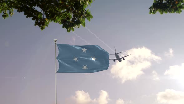Micronesia Federated States Flag With Airplane And City 