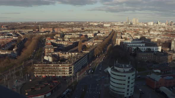 Top-down view of traffic in Rotterdam, the Netherlands at sunset