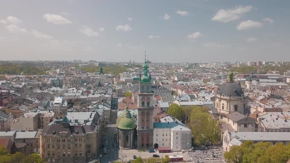 Lvov, Ukraine. Aerial City Lviv, Ukraine. Panorama of the Old Town. Dominican