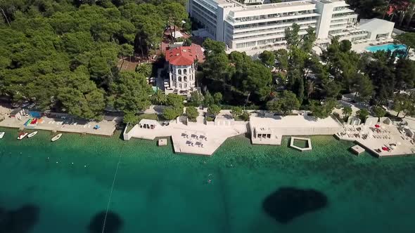 Aerial view of hotel resort surrounding by nature, Mali Losinj, Croatia.