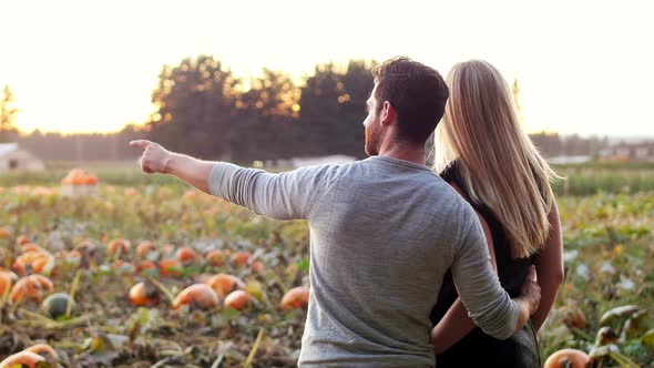 Couple standing in a pumpkin field