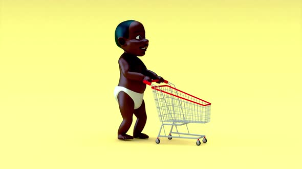 4K fun cartoon animation of a baby shopping