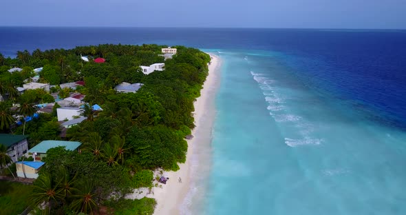 Daytime overhead copy space shot of a white paradise beach and aqua blue water background in 4K