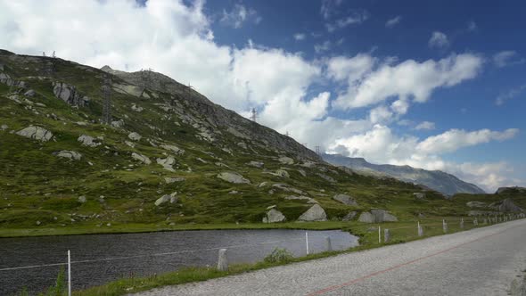 High-voltage transmission line of electricity, mountain, lake