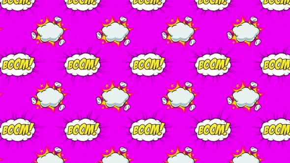 Animation of multiple vintage comic cartoon speech bubbles and clouds with Boom! text moving