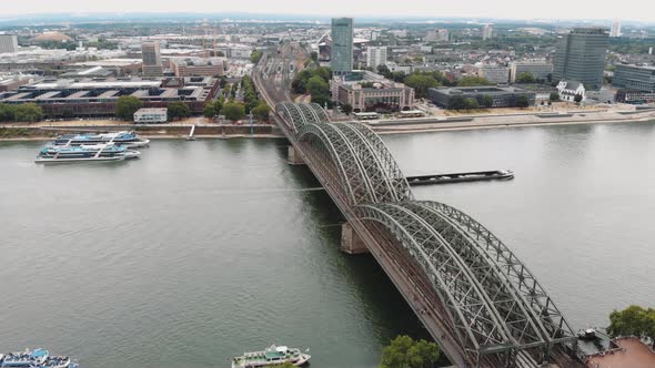 4k aerial drone footage circling the Hohenzollern Bridge in Cologne, Germany.