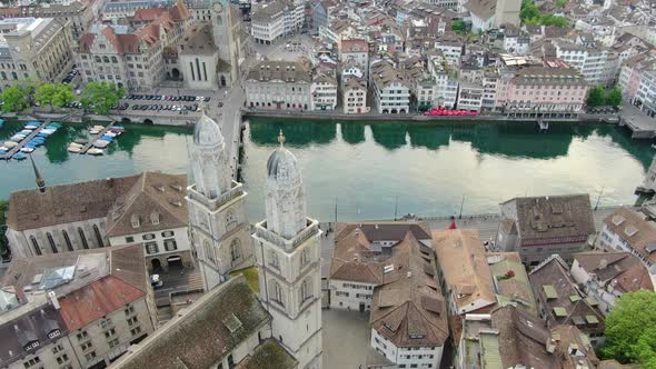 Aerial shot of Grossmunster protestant church in Zurich, Switzerland