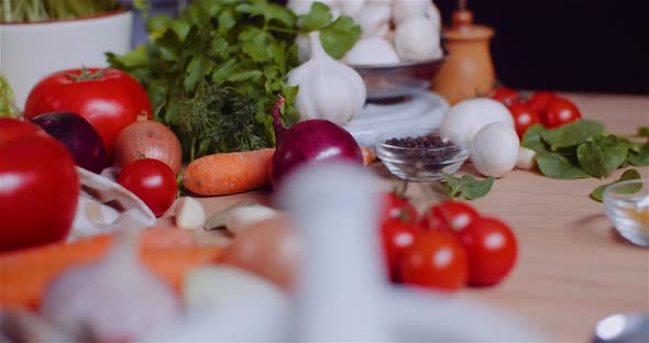 Close Up of Various Vegetables on Table Rotating