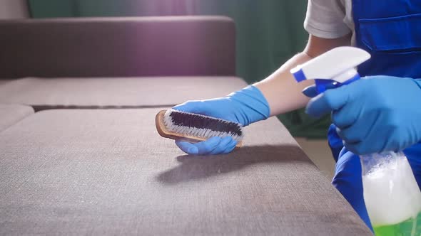 The Concept of Cleaning the Apartment or Office. Worker Cleans the Sofa with a Brush