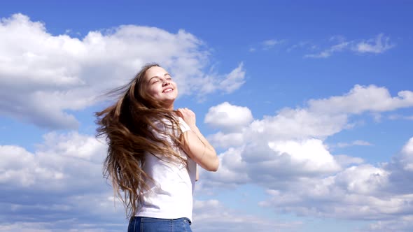 Happy Child Show Long Hair Enjoy the Sun on Sky Background Motivation