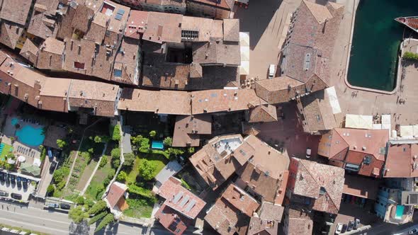 Aerial Shot. Top View of the Beautiful Italian City of Riva Del Garda. Old Low Houses, Narrow