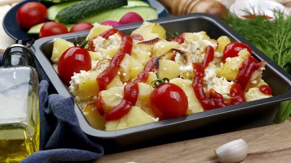 Baked Potatoes on a Baking Sheet with Tomatoes and Cheese