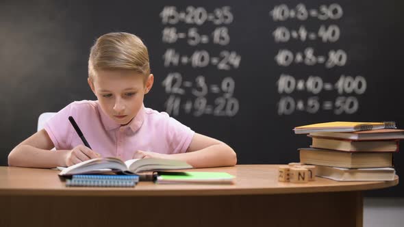 Primary Schoolboy Writing Exercises in Notebook