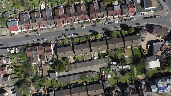 drone shot over gentrified suburban london row houses