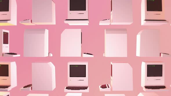 Vintage technology computers are slowly spinning in the virtual pink background