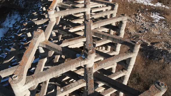 Aerial View Protection Against Mudflow Barrier in a Gorge in the Mountains. Reinforced Concrete