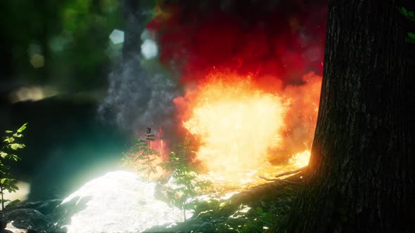 Wind Blowing on a Flaming Trees During a Forest Fire