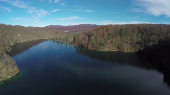 Aerial view of a beautiful lake at Plitvice Park