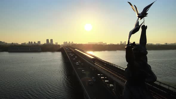 Metro Bridge in the Morning at Sunrise in Kyiv, Ukraine. Dnipro Station