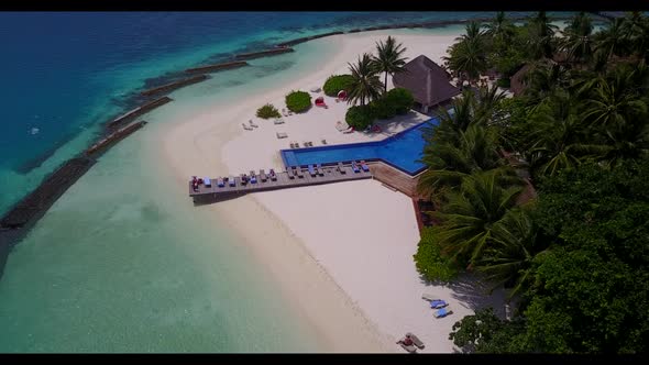 Aerial top down panorama of paradise shore beach wildlife by turquoise sea with white sand backgroun