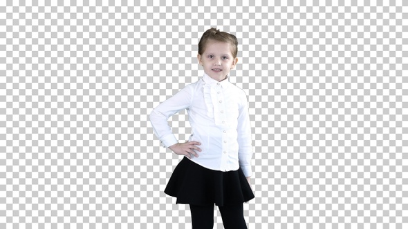 Little smiling girl in white poses, Alpha Channel