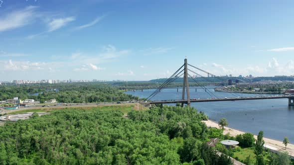 Aerial View of North Bridge in Kyiv Ukraine at Sunny Summer Day