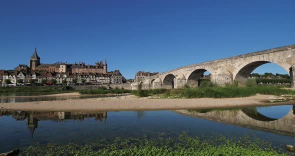 Gien, Loiret department, France. Low water level in the Loire river during a dryness season.