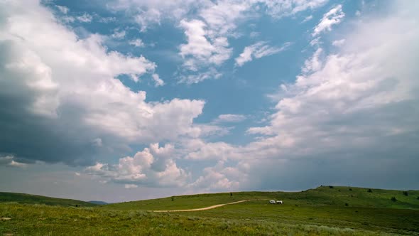 Storm moving over green meadow on Skyline Drive