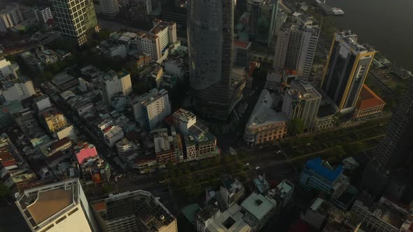 Ho Chi Minh City, District One, Vietnam. Classic drone reveal shot showing a panorama of all key bui