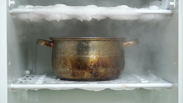 Defrosting a Refrigerator Using Big Kitchen Saucepan Full of Hot Water