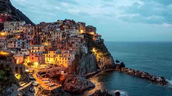 Evening Time Lapse of Manarola Village, Cinque Terre Coast of Italy. FHD, 