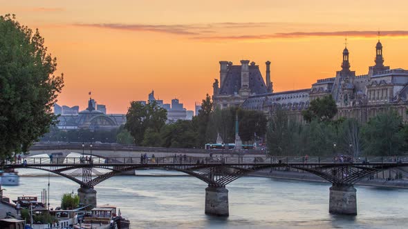 View on Pont Des Arts in Paris at Sunset Timelapse France