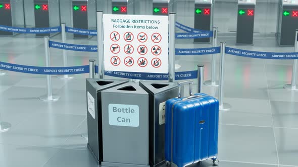 Zooming-in animation focusing on "Baggage Restrictions" sign. Security. 4k HD