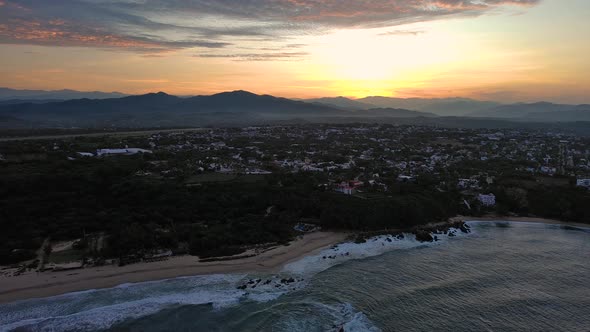 Puerto Escondido Aerial Drone Above Sunrise Bacocho Zicatela Punta Beach Mexico