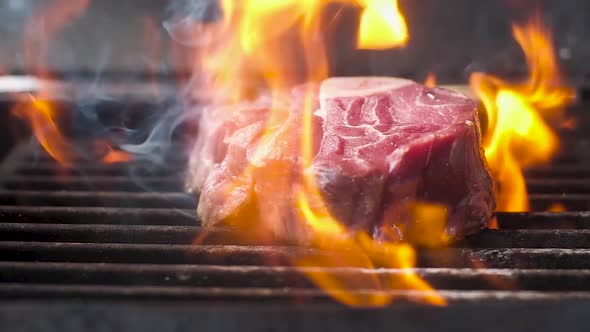 fresh raw meat with a bone. Grilled in a flame of fire. Slow motion,close-up