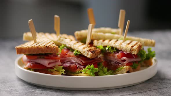 Plate with Multiple Tasty and Fresh Club Sandwiches