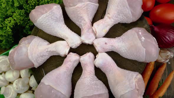 Fresh raw chicken drumsticks with rosemary twigs and vegetable rotating slowly on turntable.