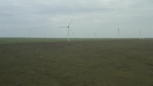 Aerial View of Powerful Wind Turbine Farm for Energy Production