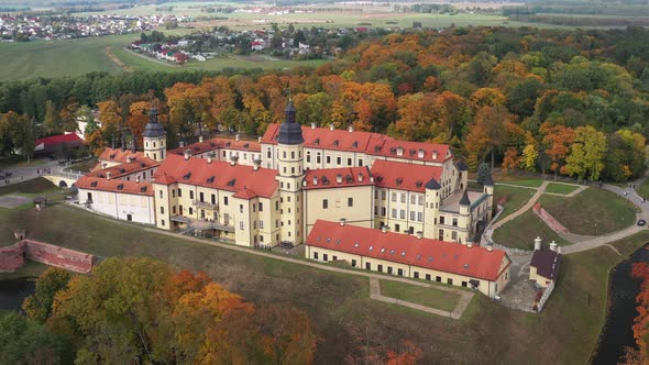 Top View of the Autumn Nesvizh Castle and Park