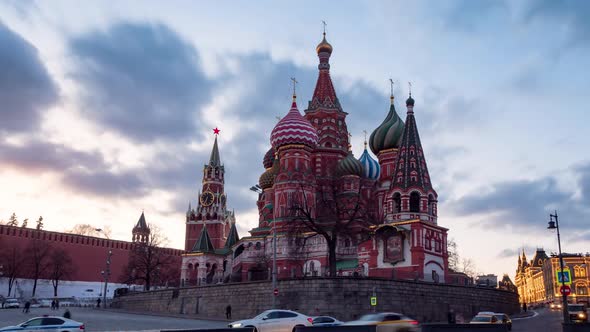 Red Square. Moscow. Evening view of Saint Basil Cathedral and Spasskaya Tower.