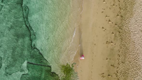 Aerial Top View Beautiful Topical Beach Traveler Woman Walking By Golden Sand