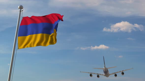 Airliner Passing Above National Flag of Armenia