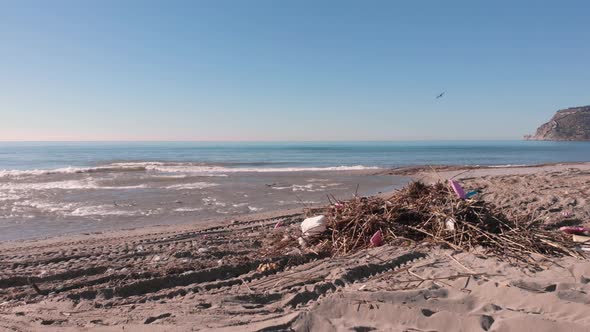 Polluted beach with tree debris and plastic garbage after powerful storm in Alanya City, Turkey. 