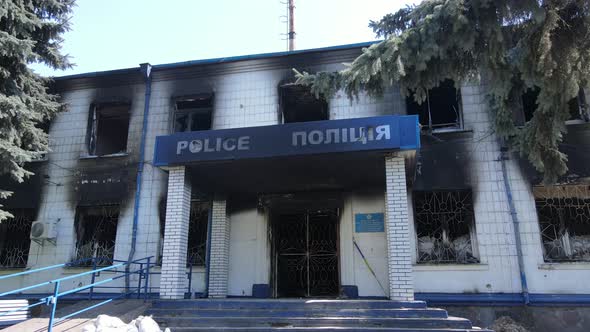 War in Ukraine  Burned Police Station in Borodyanka